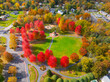 Bandstand aerial view at Bellingham Town Common in fall with maple trees at the background, historic town of Bellingham, Norfolk County, Massachusetts MA, USA. 