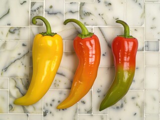 Poster - Three peppers are displayed on a marble countertop. The peppers are yellow, orange, and green