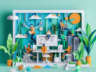 3D paper cut illustration of a bustling tech startup office,