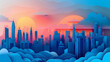 3D vector paper cut cityscape at dusk, layered skyline,