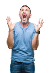 Poster - Middle age hoary senior man over isolated background crazy and mad shouting and yelling with aggressive expression and arms raised. Frustration concept.