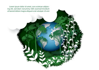 Fototapete - Poster illustration of Mother Earth day or World Environment's day with 3d global and plants in paper cut style, example texts on white background.