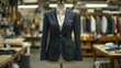 A new stylish female suit on a mannequin awaits its customer in the atelier workshop. Confidence in every seam. This suit is designed to empower and inspire.