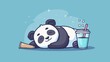   A cartoon panda on the ground with a cup of coffee nearby, its mouth holding a straw