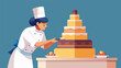 A talented pastry chef meticulously layers and decorates a multitiered wedding cake in her bustling bakery putting the finishing touches on a