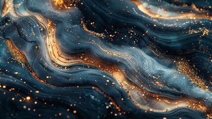 Poster -   A tight shot of a blue-gold marbled surface, adorned with golden flecks and glittering sparkles