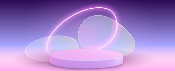 Wall Mural - 3d abstract neon light pink podium for product display. Cosmetic stage with bright ring. Empty round platform render in modern studio for award presentation on purple gradient mockup background.