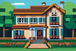 Colorful private house with a pool in pixel art style.