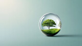 Fototapeta  - A tree placed on a serene grassland, nested in a glass globe or ball set against a gray-green backdrop. The minimalist style and copy space.