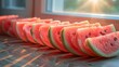   A row of watermelon slices rests before a sunlit window, sunlight filtering through it