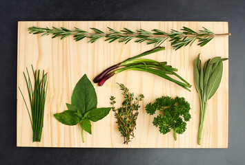 Basil, thyme, and rosemary on chopping block for nutrition, health and adding flavour to food. Green herbs, parsley and vegetables on kitchen cutting board for cooking, eating and vegan diet