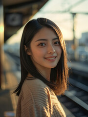 Wall Mural - Japanese woman, beautiful and cute, large eyes, 20s, medium hair, smiling, taken on station platform