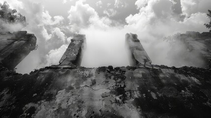   A monochrome image of the sky and cloud formations overhead, framing a stone edifice with two prominent pillars emerging from it