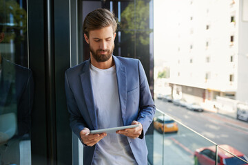 Aufkleber - Business man, tablet and career on office balcony for web project, occupation review online and email feedback on digital report. Young male person or editor and tech for internet research on mockup