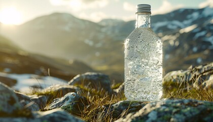 Wall Mural - Glass dewy bottle with water in nature, mountain environment in the background.