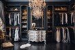 Fashion clothes on racks. High-end boutique found in upscale shopping districts and show renowned brands known for quality with craftsmanship. Walk-in wardrobe room with clothes on rack