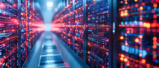 Poster - Network Server Rack in Datacenter, Blue Connectivity and Internet Technology, Modern Digital Infrastructure