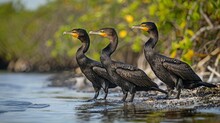 Galapagos Cormorants Stroll Along The Ocean.