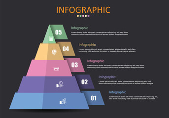 Fototapete - Vector infographic on black gray background. Triangles arranged with 5 layers of ribbons to present plans, reports, workflows, achievements in finance, banking and education.