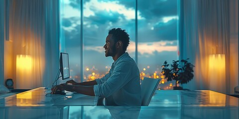 Poster - A man was sitting on a computer desk, surrounded by high-end, minimalist. Generative AI.