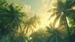 Tranquil scene of tropical paradise, with muted tones accentuating the beauty of towering palm trees against a soft sky.