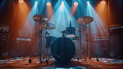 Poster - Drums on a stage illuminated by stage lights and spotlights. Generative AI.