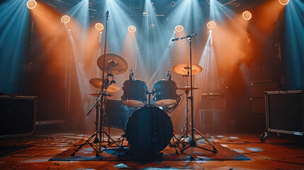 Poster - Drums on a stage illuminated by stage lights and spotlights. Generative AI.