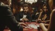 A high-stakes poker game, with players showing off their poker faces and bluffing skills,