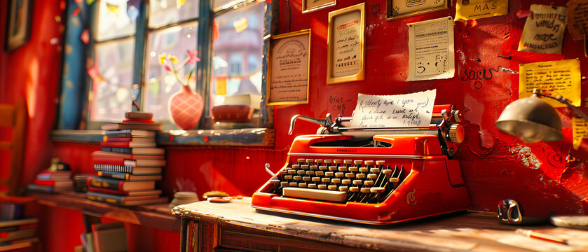 Retro Typewriter on a Vintage Desk, Concept of Classic Writing and Journalism, Old-Fashioned Office Equipment, Nostalgic Authors Workspace