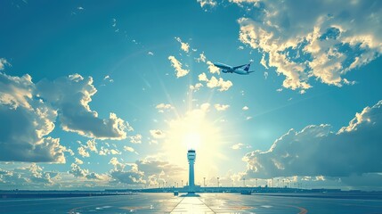 A passenger plane has just left the tower and flew into the sky. In the distance is the airport, with blue sky and white clouds, and bright sunshine. Vector illustration style. Generative AI.