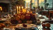 A cozy Thanksgiving table adorned with autumnal decorations. Happy Thanksgiving. Generative AI.