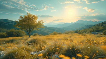 Poster - A nature landscape in sunshine. Generative AI.