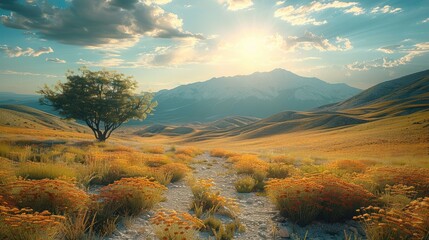 Poster - A nature landscape in sunshine. Generative AI.