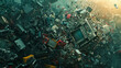 Abstract portrayal of electronic waste explosion, highlighting the dark side of tech consumption,