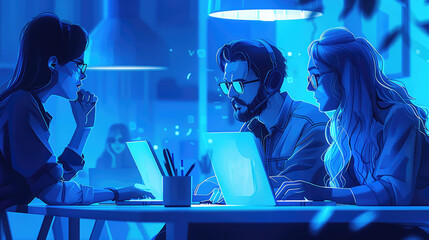 Poster - A team of specialists with laptops, blue colors, head and subordinates. illustration, Vector illustration style. Generative AI.