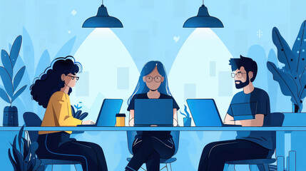 Poster - A team of specialists with laptops, blue colors, head and subordinates. illustration, Vector illustration style. Generative AI.