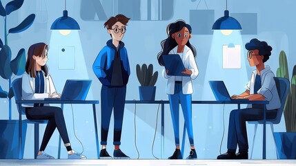 Poster - A team of specialists with laptops, blue colors, head and subordinates. illustration, Vector illustration style. Generative AI.