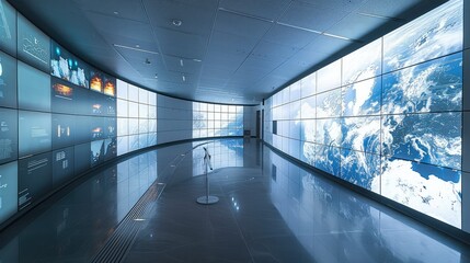 Poster - A launch room with large screens in the wall. Generative AI.