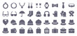 Accessory glyph flat icons. Vector solid pictogram set included icon as wedding ring, belt, hat, scarf, sunglasses, socks, backpack silhouette illustration for fashion.
