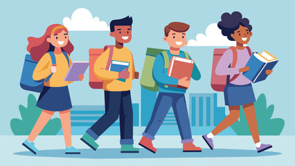 College students walking together, University lifestyle vector cartoon illustration.