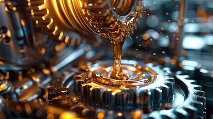 Poster - 3D rendering of a gear with oil pouring on it, an engine oil and gears closeup. Gears with a golden liquid inside. Generative AI.