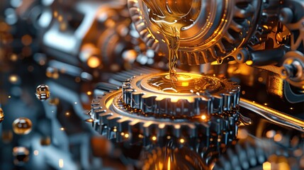 Wall Mural - 3D rendering of a gear with oil pouring on it, an engine oil and gears closeup. Gears with a golden liquid inside. Generative AI.