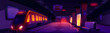 Metro station and train on rail platform at night. Underground subway hall interior cartoon background. Public travel transport and neon advertising glow. Metropolitan tunnel railroad infrastructure