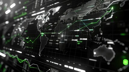 a black and white digital background with charts, graphs, data points, and bar angles showing global