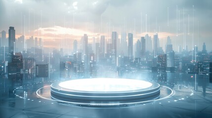 Aufkleber - A circular platform with data points floating above it, against the backdrop of an abstract city skyline in light blue tones. Generative AI.
