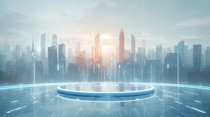 Aufkleber - A circular platform with data points floating above it, against the backdrop of an abstract city skyline in light blue tones. Generative AI.