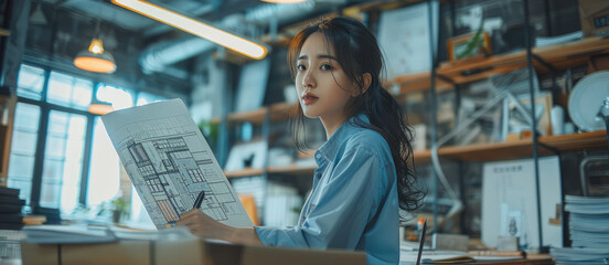 Poster - A successful female Asian designer works in her office. Generative AI.