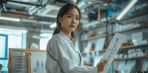 Poster - A successful female Asian designer works in her office. Generative AI.