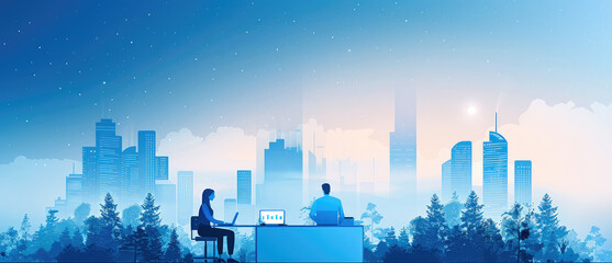 Aufkleber - Business development outsourcing services, in the style of flat shading, light sky-blue and dark blue, minimalist illustrator. Generative AI.