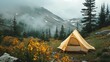 Camping in the mountains with a tent. Generative AI.